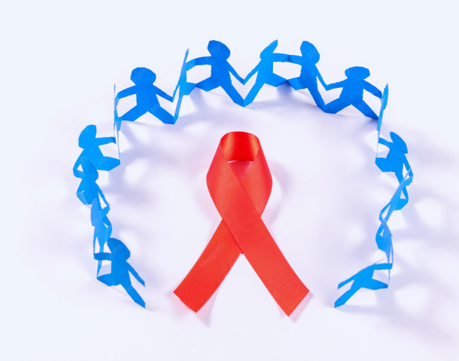 HIV awareness ribbon surrounded by people